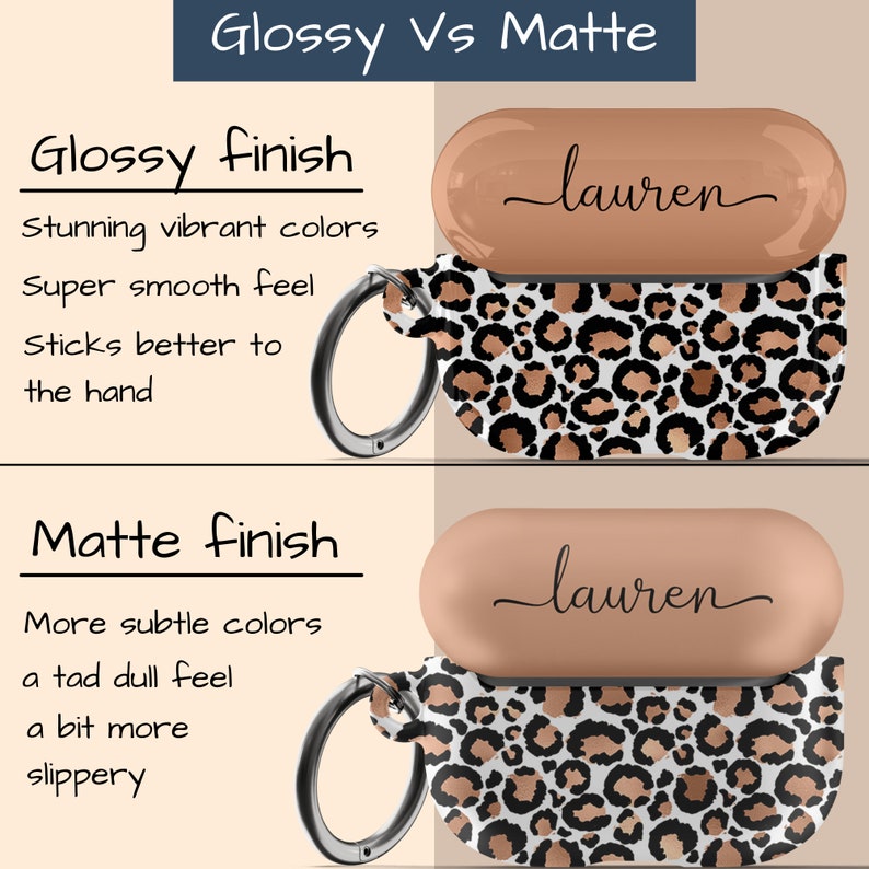 May include: Two Airpod cases with a leopard print design. The top case is glossy and the bottom case is matte. Both cases have the name "lauren" written on the top.