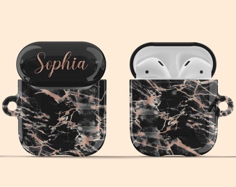 Artisticases Custom Name Marble Pattern Case for AirPods Gen 1 & 2 / AirPods Pro, Cute Personalized Hard Cover +Keychain - Rose Gold / Black