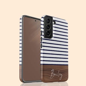 Aangepaste naam moderne houten strepen S25 Plus-hoesje, gepersonaliseerd monogram telefoonhoesje voor Galaxy S24 Ultra, S23, S22, S21, S20, S10, S9, S8
