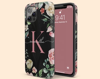 Personalized Initial Floral iPhone 17 Air Case, Monogram Name iPhone 16 Pro Max, 15 Plus, 14, 13 Mini, 12, 11,X/XS, XR, 8, Galaxy S25 S24
