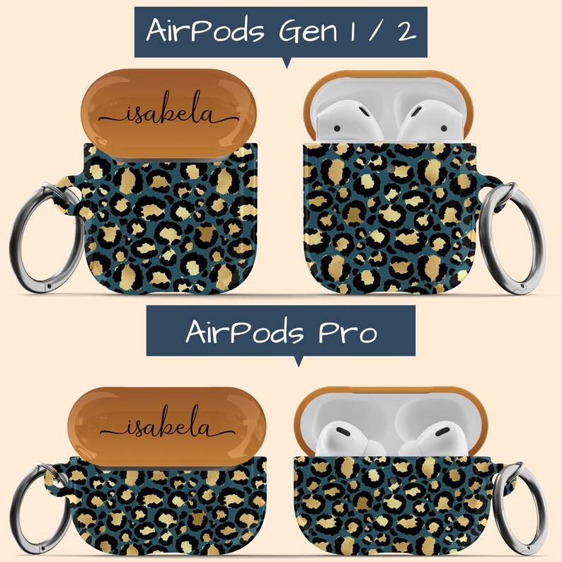 May include: Two AirPods cases with a leopard print design. The top case is for AirPods Gen 1/2 and the bottom case is for AirPods Pro. Both cases have a gold and blue color scheme and the top case has the name "isabela" written on it.