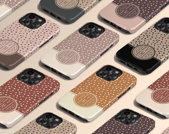 Polka Dots iPhone 17 Air Case, Personalized Boho Monogram Name Case for iPhone 16 Pro Max, 15 Plus, 14, 13 Mini, 12, 11,X/XS, Galaxy S25 S24