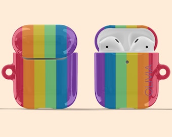 Artisticases Custom Name LGBTQ Rainbow Pride Flag Gay Case for AirPods Gen 1 & 2 / AirPods Pro, Cute Personalized Hard Cover + Keychain