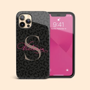 Gepersonaliseerde initiaal Black Leopard iPhone 16+ hoesje, Monogram Name Case voor iPhone 15 Pro Max, iPhone 14, 13 Mini, 12, 11, X/XS, XR, 8