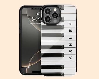 Gepersonaliseerde pianotoetsen iPhone 17 Air Case, custom naam muziekinstrument hoesje voor iPhone 16 Pro Max, 15 Plus, 14, 13 Mini, 12, 11,X/XS