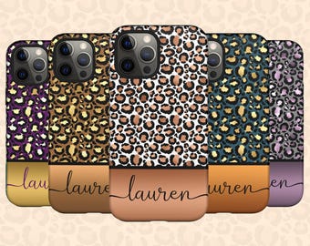 May include: Five smartphone cases arranged in a row, each featuring a leopard print pattern on the top half and a solid colored base on the bottom half. The name "lauren" is written in a black cursive script across the solid colored section.