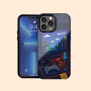 Personalized Gamer Desktop iPhone 17 Air Case, Custom Retro Pixel Gaming Setup Name Case for iPhone 16 Pro Max, 15 Plus, 14, 13 Mini, 12