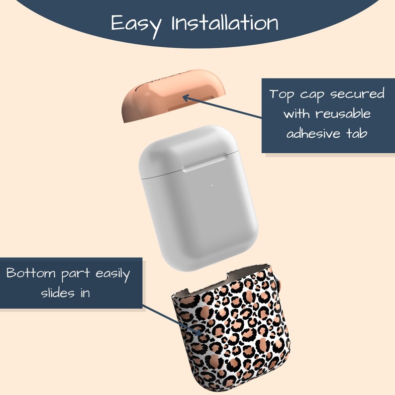 May include: A white Airpods case with a leopard print skin. The skin is easily installed by sliding the bottom part in and securing the top with a reusable adhesive tab.