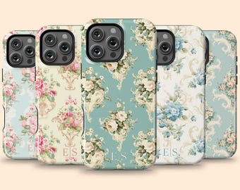 Etui na iPhone'a 18 Pro Max z inicjałami w stylu shabby rokoko, spersonalizowane etui z francuskim monogramem do iPhone'a 17 Air 16 Plus, 15, 14, 13 Mini, 12