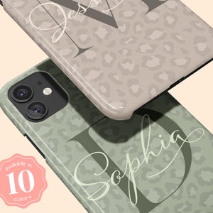 Personalized Leopard Initial iPhone 16 Plus Case, Monogram Name iPhone 15 Pro Max, iPhone 14, 13 Mini, 12, 11, X/XS, XR, 8, Galaxy S24 S23