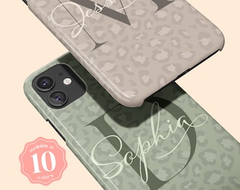 May include: Two phone cases with a leopard print design. The top case is beige with the name "Jess" in white script. The bottom case is green with the name "Sophia" in white script. Both cases have a sticker that says "available in 10 colors".