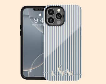 Capa personalizada com nome e listras verticais elegantes para iPhone 17 Air, capa personalizada azul sobre creme para iPhone 16 Pro Max, 15 Plus, 14, 13 Mini, 12, 11, X