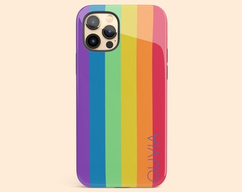 Custom LGBTQ Pride Rainbow iPhone 15 Plus Case, Personalized Name iPhone 14 Pro Max, iPhone 13 Mini, 12, 11, X/XS, XR, 8, Galaxy S24 S23 S22