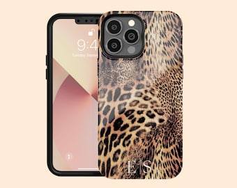 カスタムエキゾチックレオパードイニシャルiPhone 17 Airケース、iPhone 16 Pro Max、15 Plus、14、13 Mini、12、11、X/XS用パーソナライズモノグラムケース
