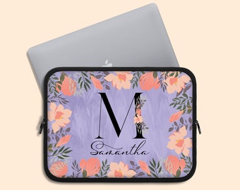 Custom Name Monogram Initials Flowers Laptop Sleeve, 13 Inch MacBook Pro Case, MacBook Air Bag iPad Case Tablet Case, 7, 10, 13, 15, 17 Inch