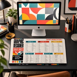 May include: A rectangular desk mat featuring a graphic designer cheat sheet with keyboard shortcuts for Photoshop, Illustrator, and typography. The mat has a cream background with black, red, yellow, and teal accents, and the text reads DAVID'S WORKSTATION.