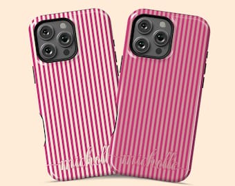 Aangepaste naam schattige chique verticale strepen iPhone 17 Air-hoesje, gepersonaliseerd roze telefoonhoesje voor iPhone 16 Pro Max, 15 Plus, 14, 13 Mini, 12, 11