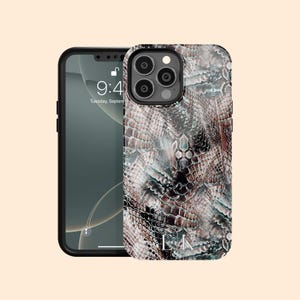Personalized Serpentine Snakeskin Initial iPhone 16 Pro Max Case, Custom Monogram Exotic Reptile Case for iPhone 15 Plus, iPhone 14, 13 Mini