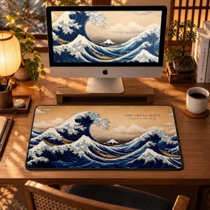 May include: A rectangular desk mat featuring a printed illustration of a large blue ocean wave with white foam, set against a beige background. The text THE GREAT WAVE CURATED FOR ALEXX is printed in the upper right corner of the mat surface.