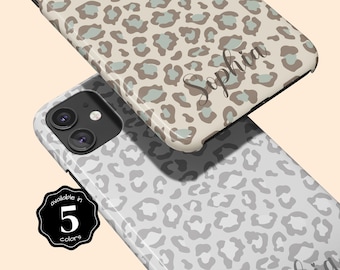May include: Two mobile phone cases featuring a leopard print pattern. The top case is beige with brown and light blue spots and the name Sophia in script. The bottom case is white with grey spots. A black badge states available in 5 colors.