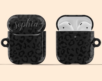 Artisticases Custom Name Leopard Cheetah Pattern Case for AirPods Gen 1 & 2 / AirPods Pro, Cute Personalized Hard Cover + Keychain - Black