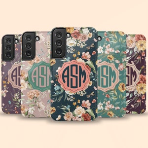 Floral Monogram Galaxy S25 Plus Case, Personalized Watercolor Flowers Name Case for Galaxy S24 Ultra, S23, S22, S21, S20, S10, Note 20 Ultra