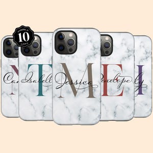 Aangepaste initialen wit marmer iPhone 16+ hoesje, gepersonaliseerd monogram iPhone 15 Pro Max, 14, 13 Mini, 12, 11, X/XS, XR, 8, Galaxy S24 S23