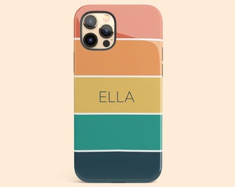 May include: A smartphone case featuring a horizontal striped pattern in shades of coral, orange, yellow, teal, and dark blue. The name ELLA is printed in a simple, dark sans-serif font across the center yellow stripe of the phone case.
