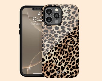 カスタム ラッシュ レオパード イニシャル iPhone 17 Air ケース、iPhone 16 Pro Max、15 Plus、14、13 Mini、12、11、X/XS 用パーソナライズ モノグラム チーター ケース