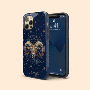 Custom Name Aries Zodiac Sign iPhone 16 Plus Case, Personalized Name Case for iPhone 15 Pro Max, iPhone 14, 13 Mini, 12, 11, X/XS, XR, 8