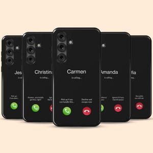 May include: Black phone cases with white text displaying names and phrases like "Carmen is calling..." and "Pick up if you can handle this...". Each case has a green and red phone icon.
