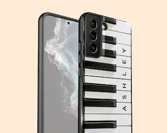 Gepersonaliseerde pianotoetsen Galaxy S26 Ultra-hoesje, aangepast monogram muziekinstrumentnaam hoesje voor S25 Plus, S24, S23, S22, S21, S20
