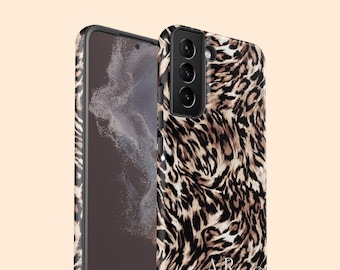 パーソナライズされた渦巻き模様のヒョウ柄イニシャル入りGalaxy S26 Ultraケース、パーソナライズされたモノグラムチーターケース（S25 Plus、S24、S23、S22、S21、S20用）