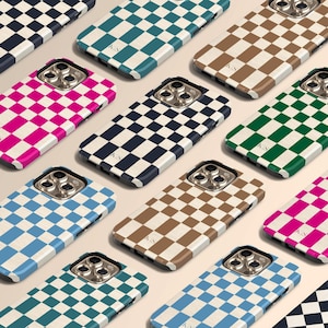 Custom Initials Retro Checkerboard iPhone 16 Case, Checkers Squares & Rectangle Cute Checkered Personalized Name Monogram Phone Case