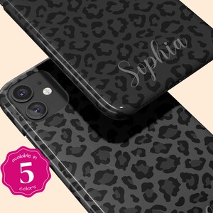 May include: Black phone case with a leopard print design and the name "Sophia" printed on the back. The case is available in 5 colors.