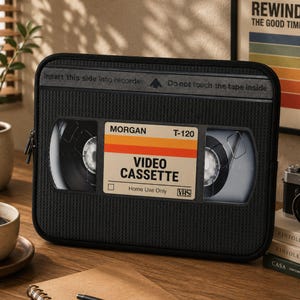 以下が含まれることがあります： ヴィンテージのVHSテープを模した黒い長方形のファスナー付きケース。前面中央には「MORGAN T-120 VIDEO CASSETTE Home Use Only」というラベルがあり、上部には「Insert this side into recorder Do not touch the tape inside」というテキストが記載されています。