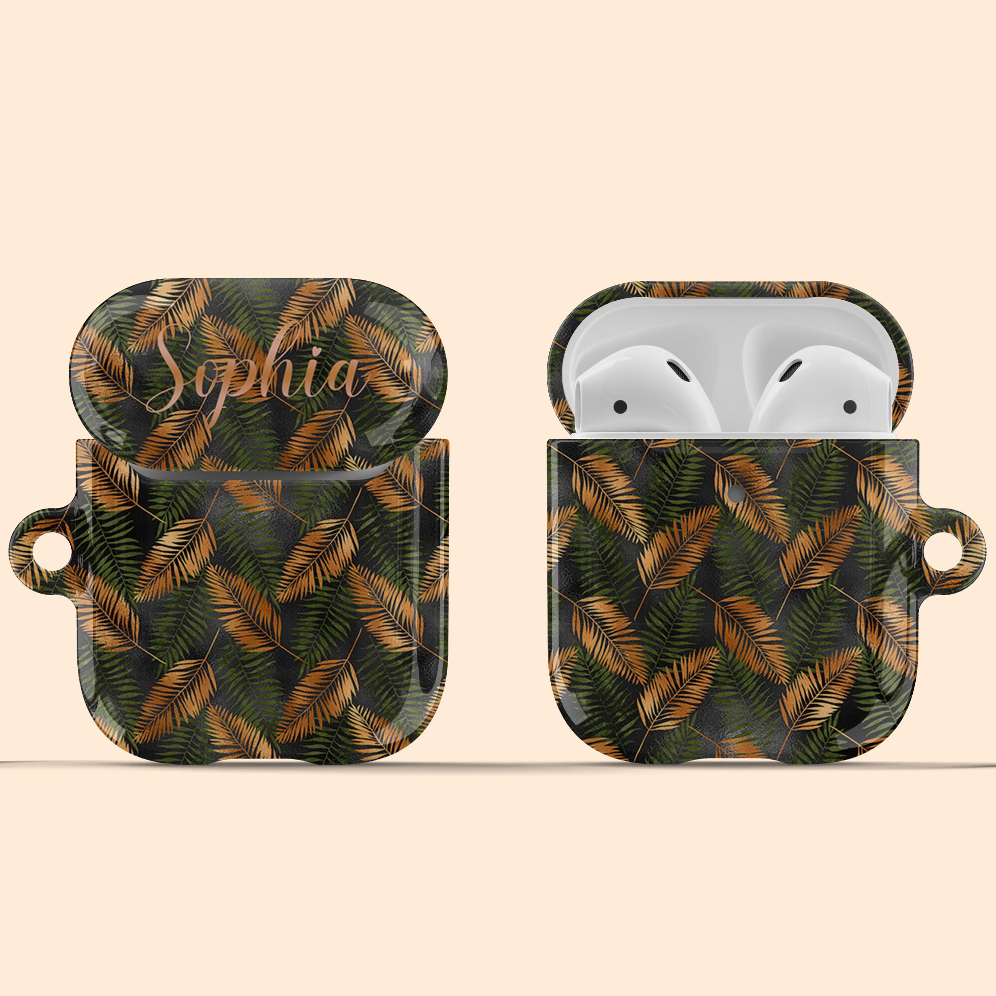 Artisticases カスタム名入れ可能 グリーン/カッパーリーフ柄 AirPods