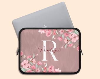 Custom Name Monogram Initials Cherry Blossom Laptop Sleeve, 13 Inch MacBook Pro Case MacBook Air Bag iPad Case Tablet Case 7, 10, 13, 15, 17