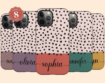 Custom Speckled Polka Dots iPhone 15 Plus Case, Personalized Name iPhone 14 Pro Max, iPhone 13 Mini, 12, 11, X/XS, XR, 8, Galaxy S24 S23 S22