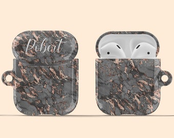 Artisticases Custom Name Marble Pattern Case for AirPods Gen 1 & 2 / AirPods Pro, Cute Personalized Hard Cover +Keychain - Rose Gold / Grey