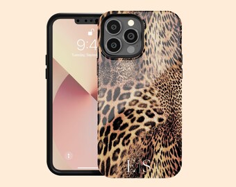 May include: A smartphone case featuring a brown and black leopard print pattern with the white capital letters E and S separated by a vertical line at the bottom. The case is shown on a smartphone with a visible screen displaying the time 9:41.