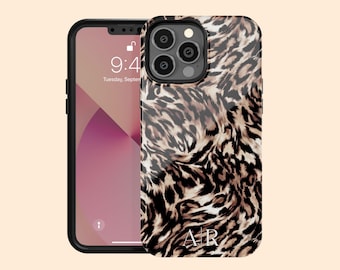 パーソナライズされた渦巻き模様のヒョウ柄イニシャル入りiPhone 17 Airケース、iPhone 16 Pro Max、15 Plus、14、13 Mini、12、11用のカスタムモノグラムチーターケース