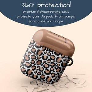 May include: A brown and white leopard print AirPods case with a gold accent. The case is made of polycarbonate and offers 360&deg; protection from bumps, scratches, and drops.