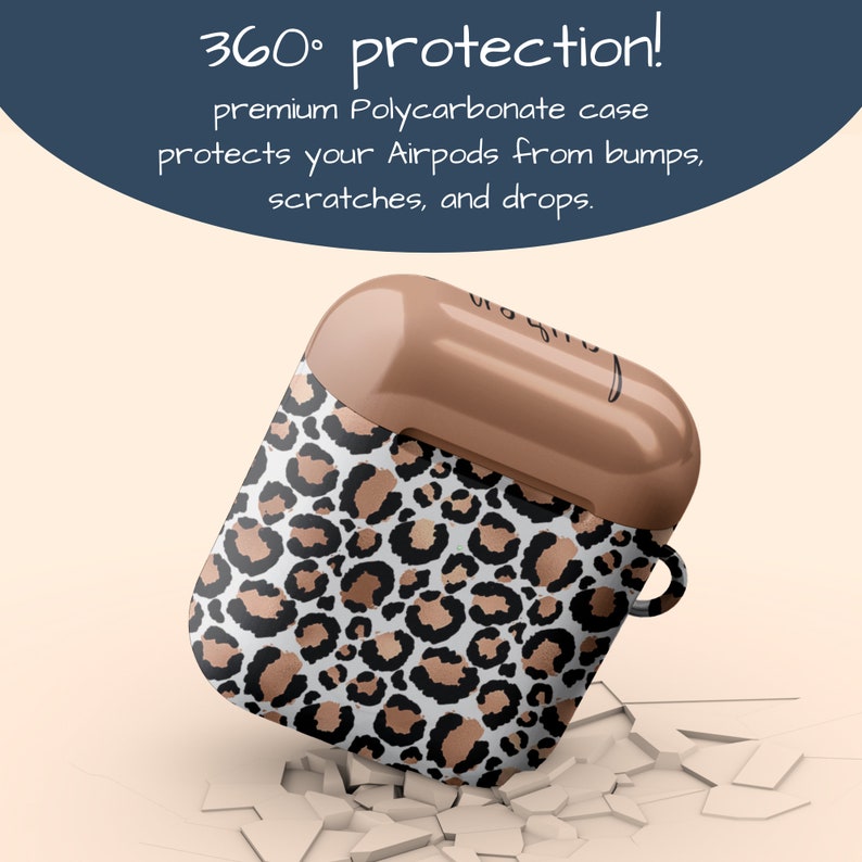 May include: A brown and white leopard print AirPods case with a gold accent. The case is made of polycarbonate and offers 360&deg; protection from bumps, scratches, and drops.