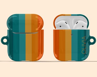 Artisticases Custom Name Orange / Teal Rainbow Case for AirPods Gen 1 & 2 / AirPods Pro, Cute Personalized Hard Cover + Keychain