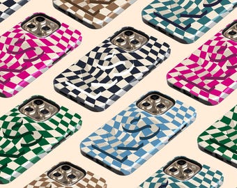 Custom Large Initial iPhone 17 Air Case, Retro Wavy Checkerboard Checkers Case for iPhone 16 Pro Max, 15 Plus, 14, 13 Mini, 12, 11,X/XS, XR