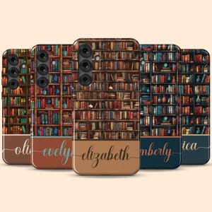 May include: Five personalised phone cases with a bookshelf design featuring a variety of colourful books. The cases are brown, red, tan, blue, and black with the names "oli", "evely", "elizabeth", "mberly", and "ica" printed on them.