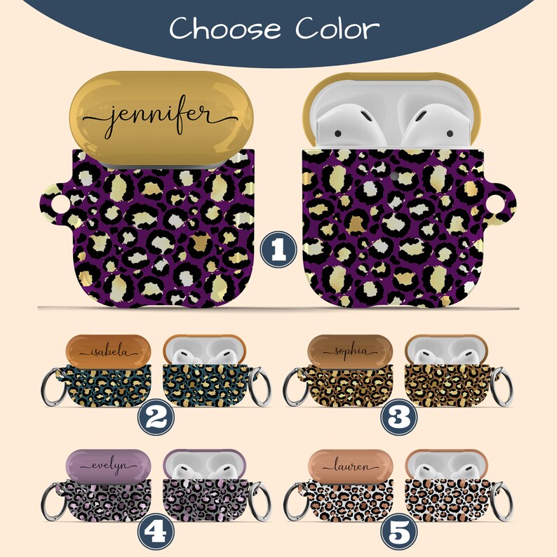 May include: AirPods case covers with different leopard print designs. The covers are available in purple, teal, brown, lavender, and white. The covers have a gold, brown, or purple trim. The covers have a small metal ring on the side. The covers have a name written on the top of the case. The names are Jennifer, Isabella, Sophia, Evelyn, and Lauren.