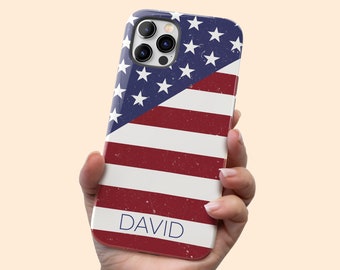 Custom American Flag iPhone 15 Plus Case, Personalized Name iPhone 14 Pro Max, iPhone 13 Mini, 12, 11, X/XS, XR, 8, Galaxy S24 S23 S22