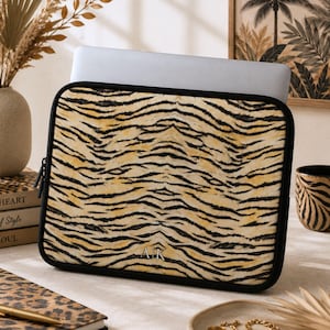Personalized Velvet Tiger Laptop Sleeve, Custom Initials Animal Print Computer Case, Tiger Stripe Tablet Cover Gift